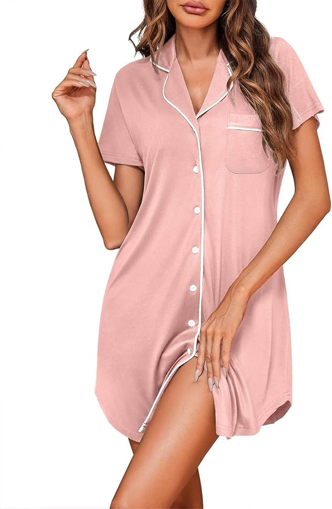 Ekouaer Womens Nightgown Button Down Sleepshirts Short Sleeve Sleepwear Boyfriend Nightshirts Paj... | Amazon (US)