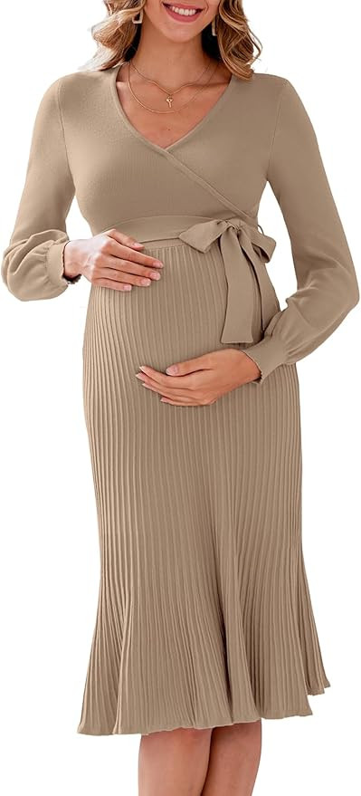 V FOR CITY Maternity Sweater Dress for Baby Shower Party Wrap V Neck Puff Sleeve Tie Waist Pleate... | Amazon (US)