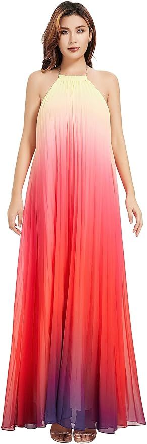 GETUBACK Women's Gradient Pleated Long Maxi Dress Chiffon Sexy Loose Summer Beach A-line Backless... | Amazon (US)