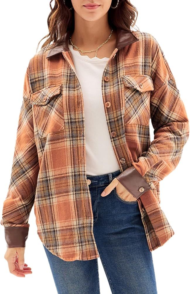 GRACE KARIN Women's Button Down Plaid Shacket Jackets Boyfriend Long Sleeve Oversized PU Leather ... | Amazon (US)
