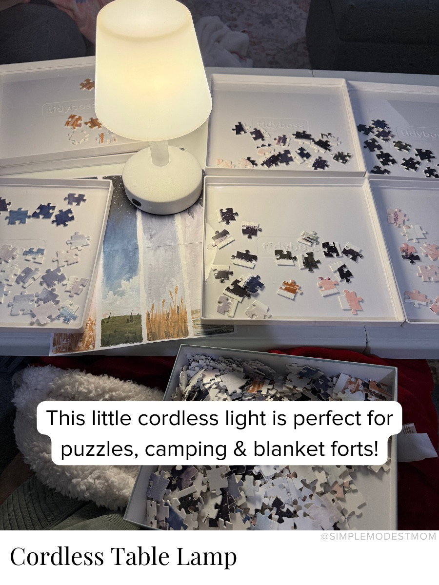 If you need a portable light for camping, travel, or small spaces, this cordless lamp is such a smart find. It’s rechargeable, lightweight, and even somewhat waterproof, so it works indoors or outdoors. We use it for puzzle nights, road trips, and late-night blanket forts — a versatile LED camping light that’s surprisingly useful year-round.

#LTKdayinmylife #LTKHome