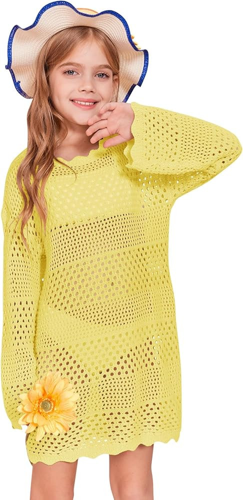Batermoon Girls Crochet Long Sleeve Swimsuit Cover Up Kids Fashion Hollow Out Swimwear Beach Dres... | Amazon (US)