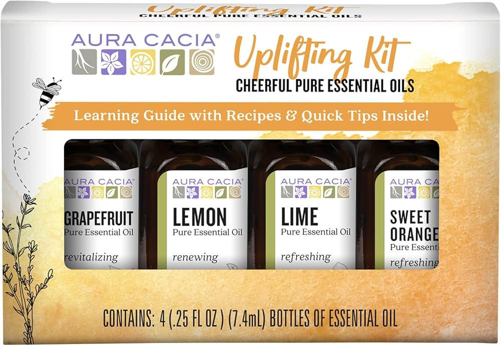 Aura Cacia Cheerful Pure Essential Oils Uplifting Kit, 0.25 fl oz 4-Pack, Grapefruit, Lemon, Lime... | Amazon (US)