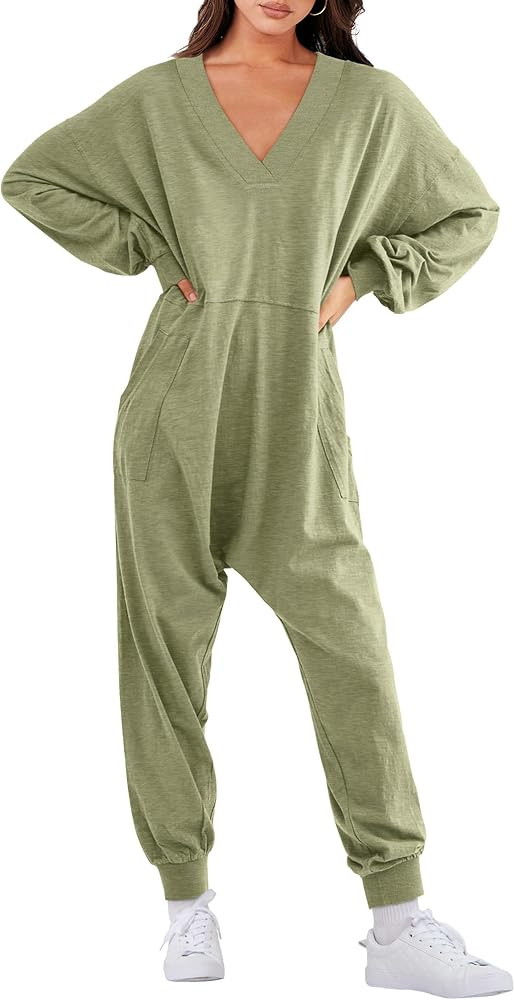 ANRABESS Women's Casual Loose Jumpsuits Long Sleeve V Neck Oversized Rompers Baggy Overalls Loung... | Amazon (US)