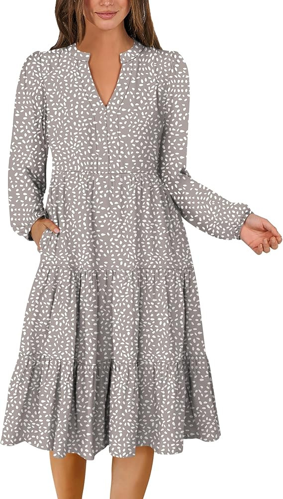 ANRABESS Long Sleeve Dress for Women V Neck 2024 Fall Fashion Casual Loose Fit Flowy Swing Tiered... | Amazon (US)