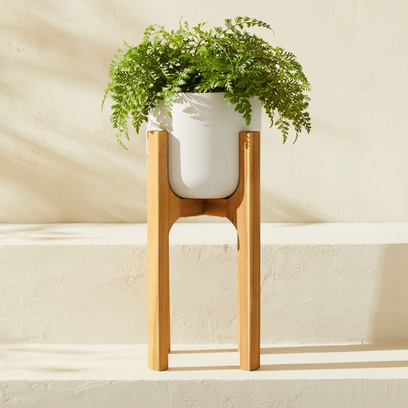 Cheva White Ceramic Indoor/Outdoor Planter with Teak Stand 10.5"x20.5" + Reviews | CB2 | CB2