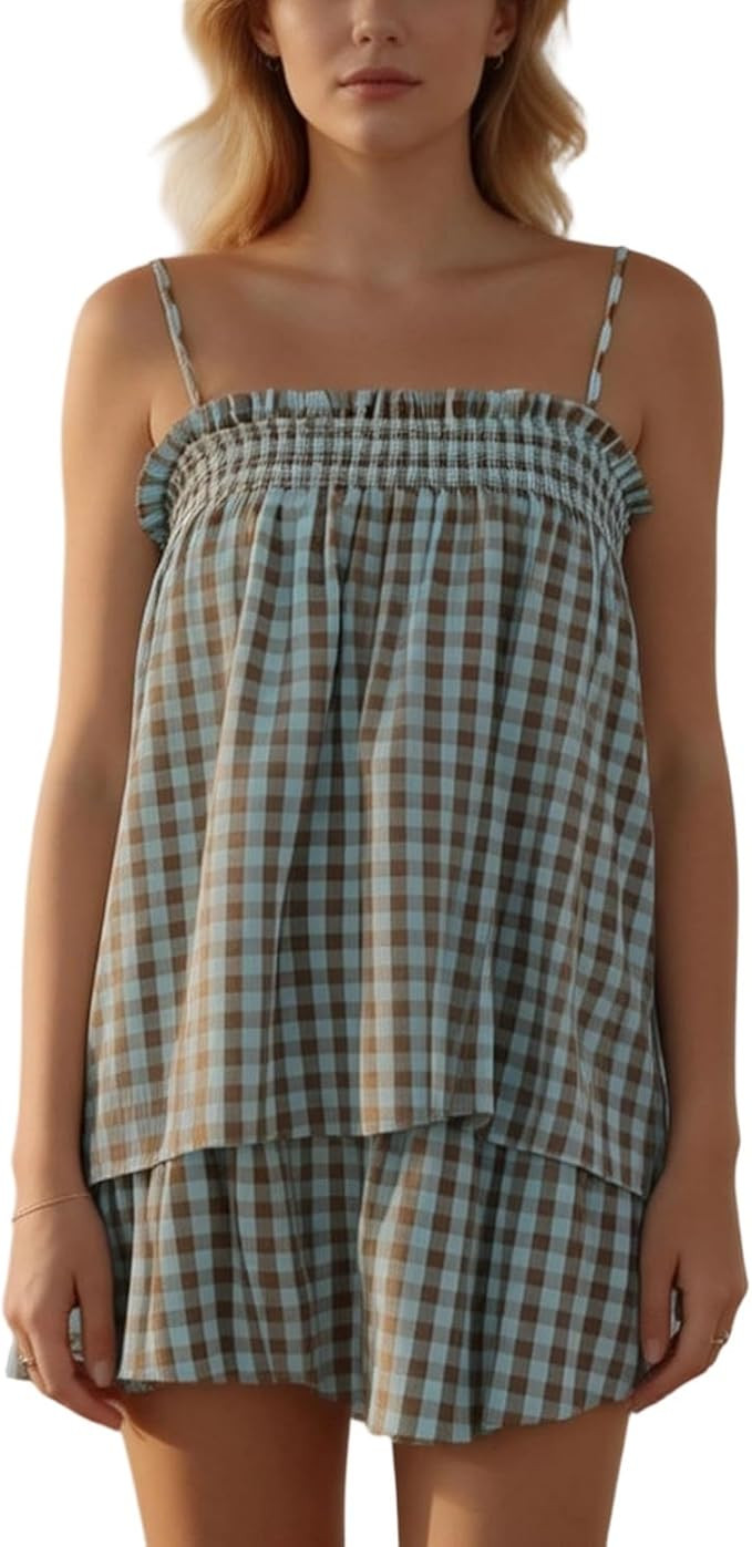 Argeousgor Women Gingham 2 Piece Sets Checkered Plaid Pajama Sets Outfits | Amazon (US)