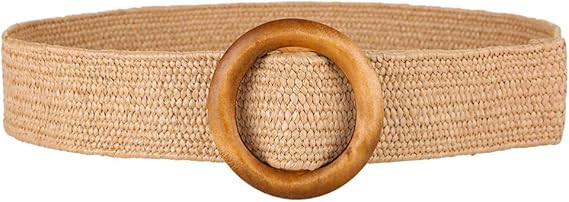 Retro Ladies Woven Belt with Round Wooden Buckle, Fashion Waist Belt for Women, Brown, 37 Inches | Amazon (US)
