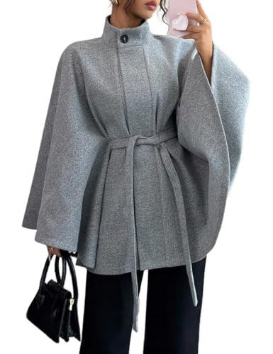Mywinway Batwing Sleeve Cape Coat for Women 2025 Fall Winter Trendy Shlaw Poncho Peacoat Casual Belted Cloak Cape Wool Jackets,Grey,L | Amazon (US)