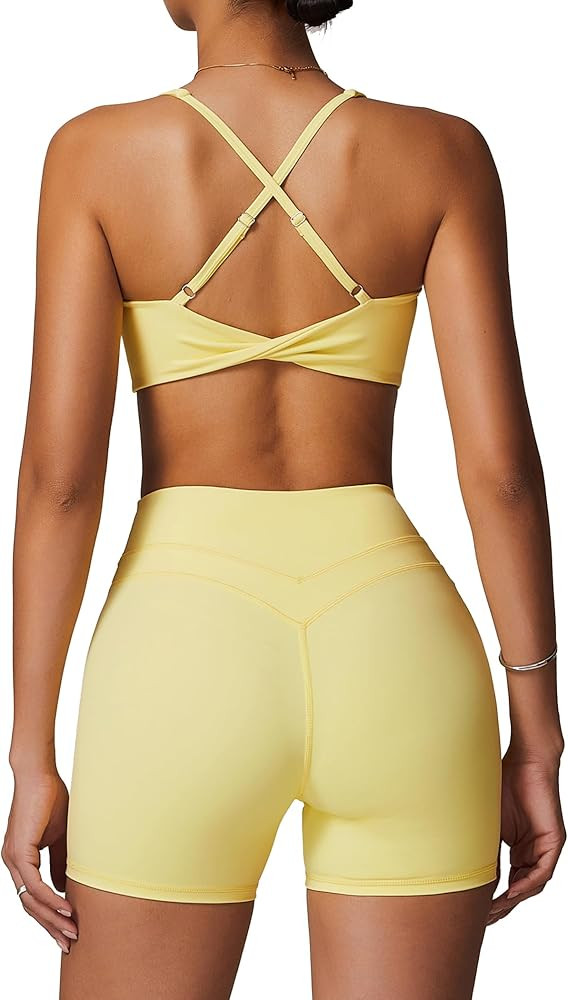 ABOCIW Workout Sets for Women 2 Piece V Neck Twist Back Sports Bra High Waist Biker Shorts Yoga O... | Amazon (US)