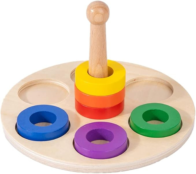 Adena Montessori Wooden 6 Rings on Peg Stacking and Sorting Ring, Wooden Rainbow Stacking Rings B... | Amazon (US)