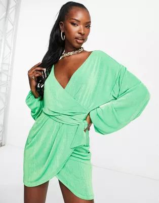 ASOS DESIGN wrap slinky blouson sleeve dress in green | ASOS (Global)