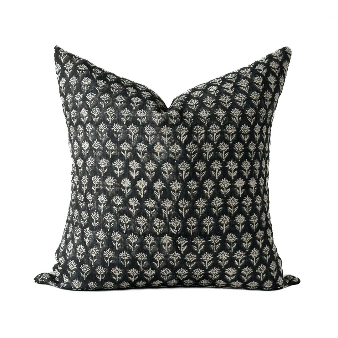 Black Floral Block Print Pillow Cover, Modern Farmhouse Throw Pillow, Designer Sofa Pillow, Black... | Etsy (CAD)