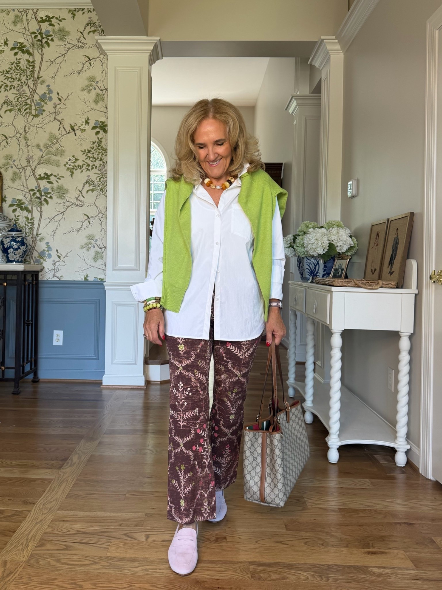 Early fall perfection 
Sweater medium 
Blouse small it’s a no wrinkle 
Pants medium 
Pink loafers I sized down but they needed to stretch out. Get reg size if you want to wear socks 
20% off my bracelets code NANETTE20

#LTKOver40 #LTKPetite #LTKootd