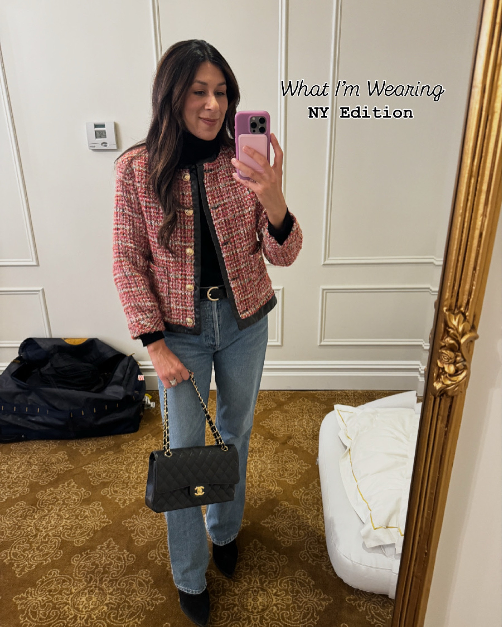 Channeling timeless chic with this elevated casual look ✨
A statement tweed jacket pairs perfectly with a sleek black turtleneck and classic straight-leg denim. Styled it with pointed-toe boots and my favorite quilted Chanel bag for a polished finish. Perfect for a day of city strolling or an elegant coffee date! 💕

Would you rock a tweed jacket this season? Let me know your thoughts! 🖤

#OOTD #ChicStyle #EffortlessFashion #TravelnSparkle #ChanelLove

#LTKStyleTip #LTKWorkwear #LTKSeasonal