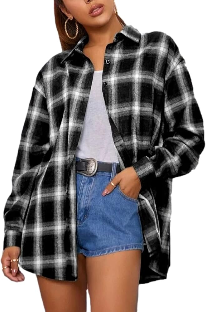 Zontroldy Plaid Flannel Shirts for Women Oversized Long Sleeve Button Down Buffalo Plaid Shirt Bl... | Amazon (US)