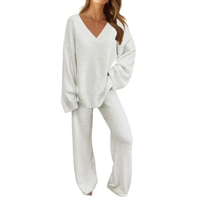 Women's 2 Piece Outfits Fuzzy Fleece Pajama Set Long Sleeve Top Wide Leg Pants Loungewear | Walmart (US)