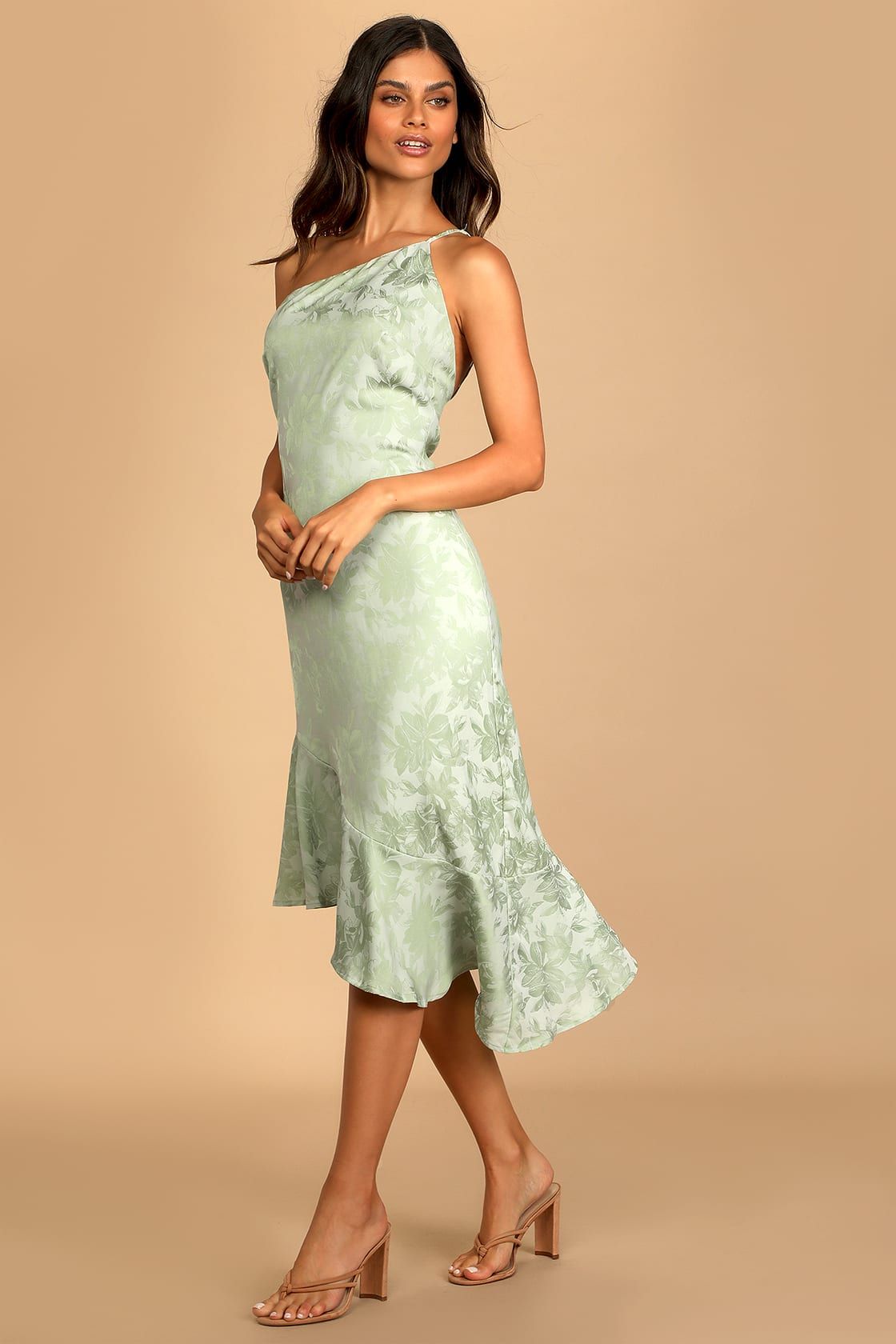 Sweet and Stylish Green Floral Jacquard One-Shoulder Midi Dress | Lulus (US)
