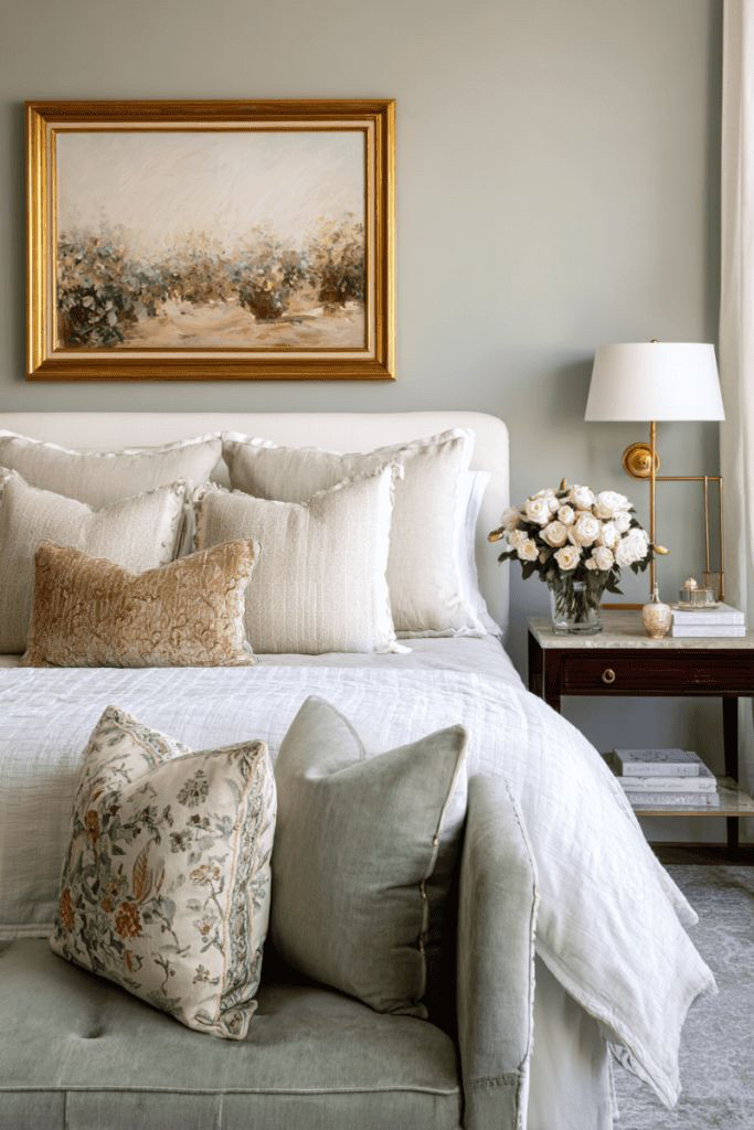 Soft, serene bedroom styling in the prettiest neutrals 🤍 Layered linen bedding + oversized pillows create that cozy, hotel-like feel, and the gold-framed art brings a warm, elevated touch. Finish the look with a classic bedside lamp, marble-top nightstand, and a subtle patterned rug for an easy, timeless refresh.

#neutralbedroom #linenbedding #whiteduvet #throwpillows #bedroompillows #upholsteredheadboard #bedsidelamp #nightstanddecor #goldframeart #wallartdecor #marbletopnightstand #bedroomrug #classicdecor #transitionalstyle #cozybedroom 

 #LTKHome
