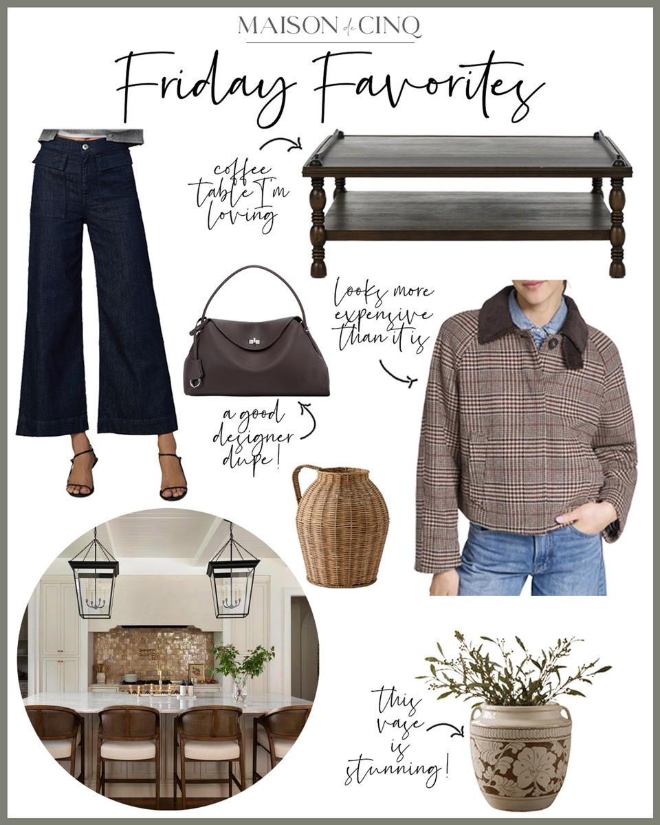 This week’s Friday Favorites include adorable jackets, coffee tables I’m coveting, the prettiest McGee vase for less, gorgeous fall bags and more!

Home decor, fall decor, living room decor, fall jackets, bomber, wide leg jeans, fall handbags

#LTKOver40 #LTKHome #LTKSaleAlert