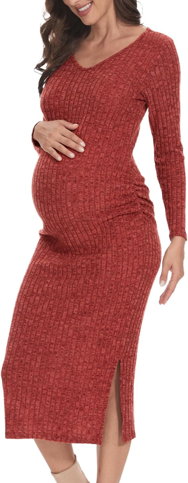 V Neck Side Ruch Knit Ribbed Maternity Bodycon Dress，Maternity Dress for Baby Shower | Amazon (US)
