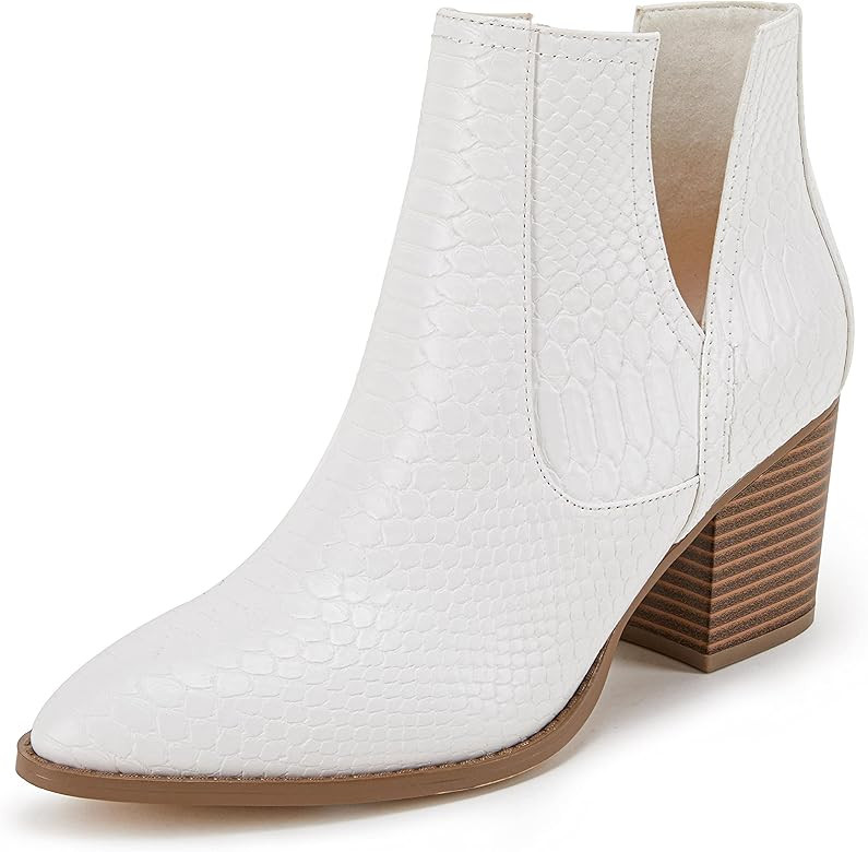 Womens Ankle Boots Slip on Cutout Pointed Toe Snakeskin Chunky Stacked Mid Heel Bootie | Amazon (US)