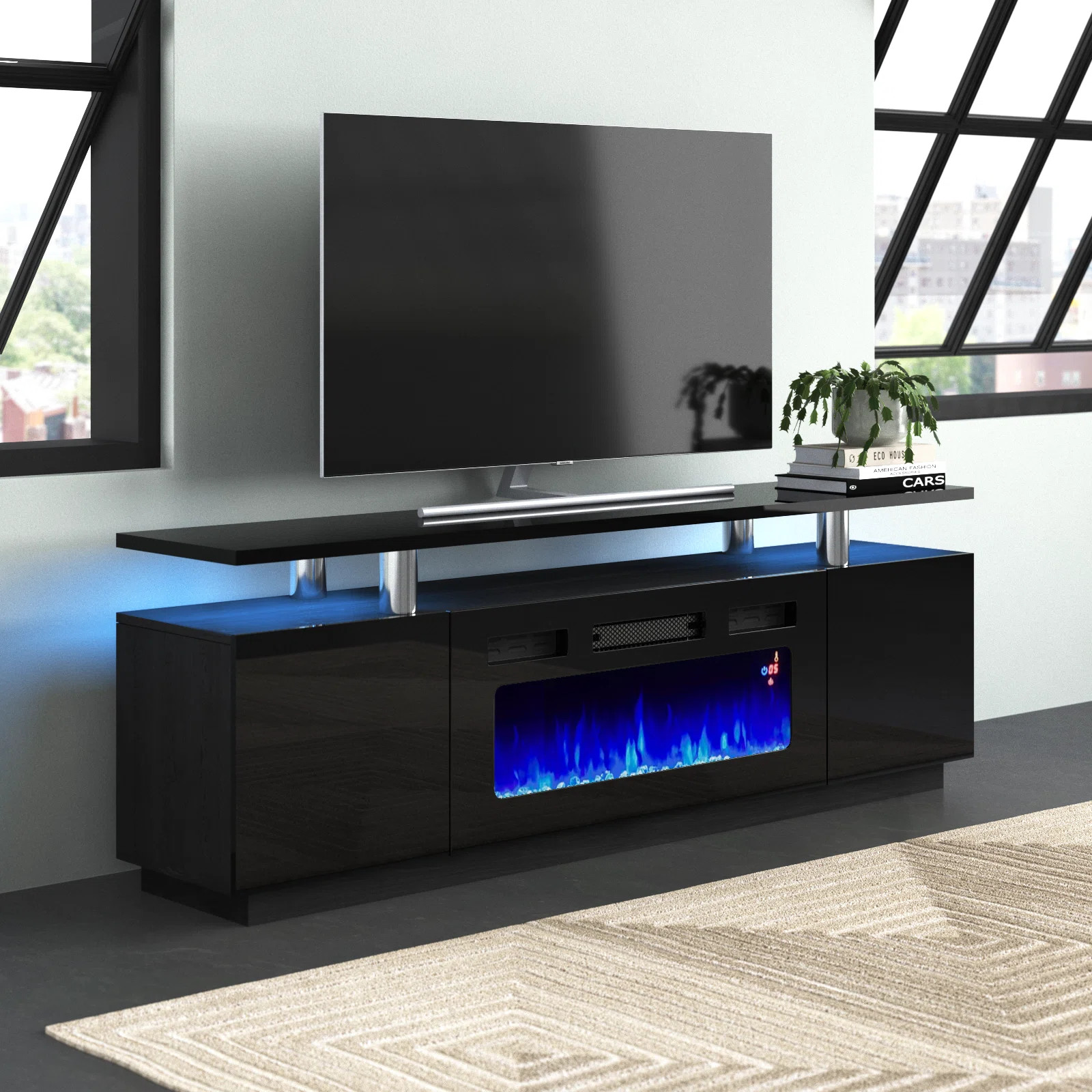 Wade Logan® Bhhatu High Gloss TV Stand for TVs, Electric Fireplace Included, with 2 Tier TV Cons... | Wayfair North America