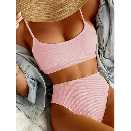 Hotian Women High Waisted Ribbed Cami Bikini Set Pink S-US4 | Walmart (US)