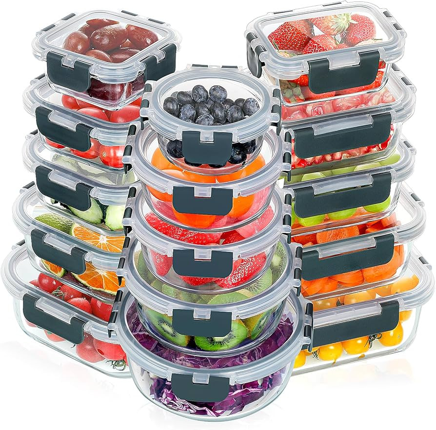 VERONES 30 Pieces Glass Meal Prep Containers Set, Stackable Glass Food Storage Containers with Li... | Amazon (US)