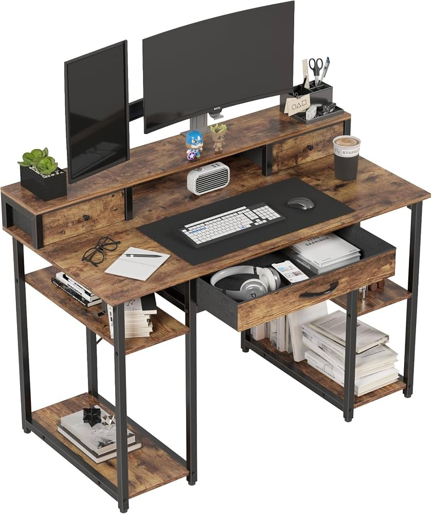 Treesland Computer Desk, 47" Office Desk with Monitor Shelf, Dual Tiers Home Office Desk with 3 D... | Amazon (US)