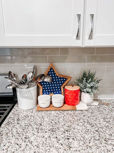 Patriotic kitchen styling 🇺🇸 white utensil crock / wood and marble board / cutting board / small charcuterie board / salt and pepper pots

#LTKFind #LTKhome #LTKunder50