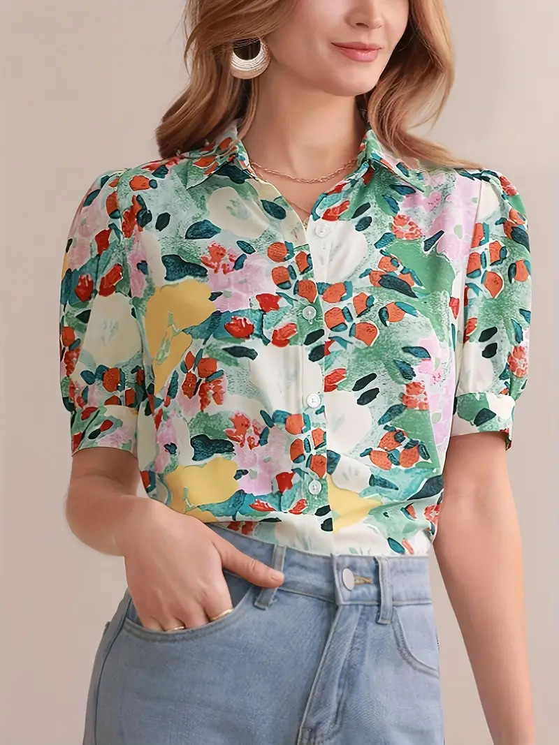 Floral Print Button Front Blouse Casual Short Sleeve Blouse - Temu | Temu Affiliate Program