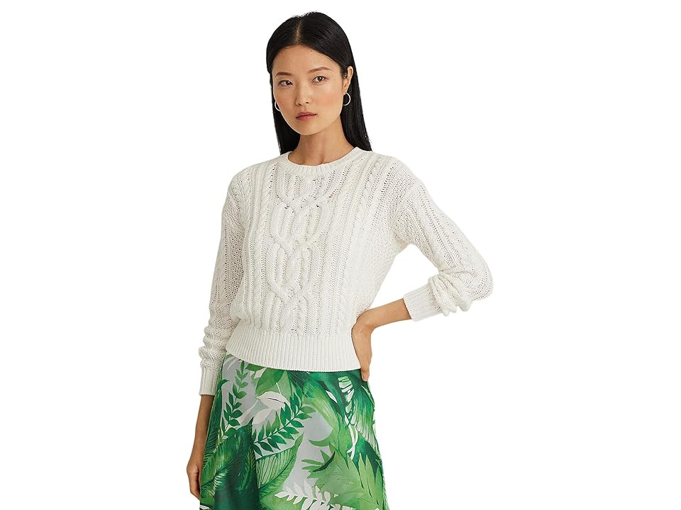 Lauren Ralph Lauren Cable-Knit Cotton Crewneck Sweater Women's Sweater White : LG | Zappos