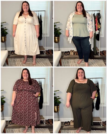 Plus size Bloomchic haul! Look one (top left) - I got this dress in a size 26 and unfortunately, it didn't work out. The cut of the chest was just too small and too big at the same time. Look 2 (top left) — wearing a size 26 in the jeans (they are super stretchy so I sized down), a size 26 in the top, and a size 28 in the duster. Look 3 (bottom left) — got this dress in a size 26 and it was a great fit! It's a super lightweight and breezy dress that would work great for any occasion! Look 4 (bottom right) — wearing a size 28 in this culotte jumpsuit and unfortunately it didn't work out either. The torso was too short and the material was a bit scratchy. 

#LTKcurves #LTKstyletip #LTKSeasonal