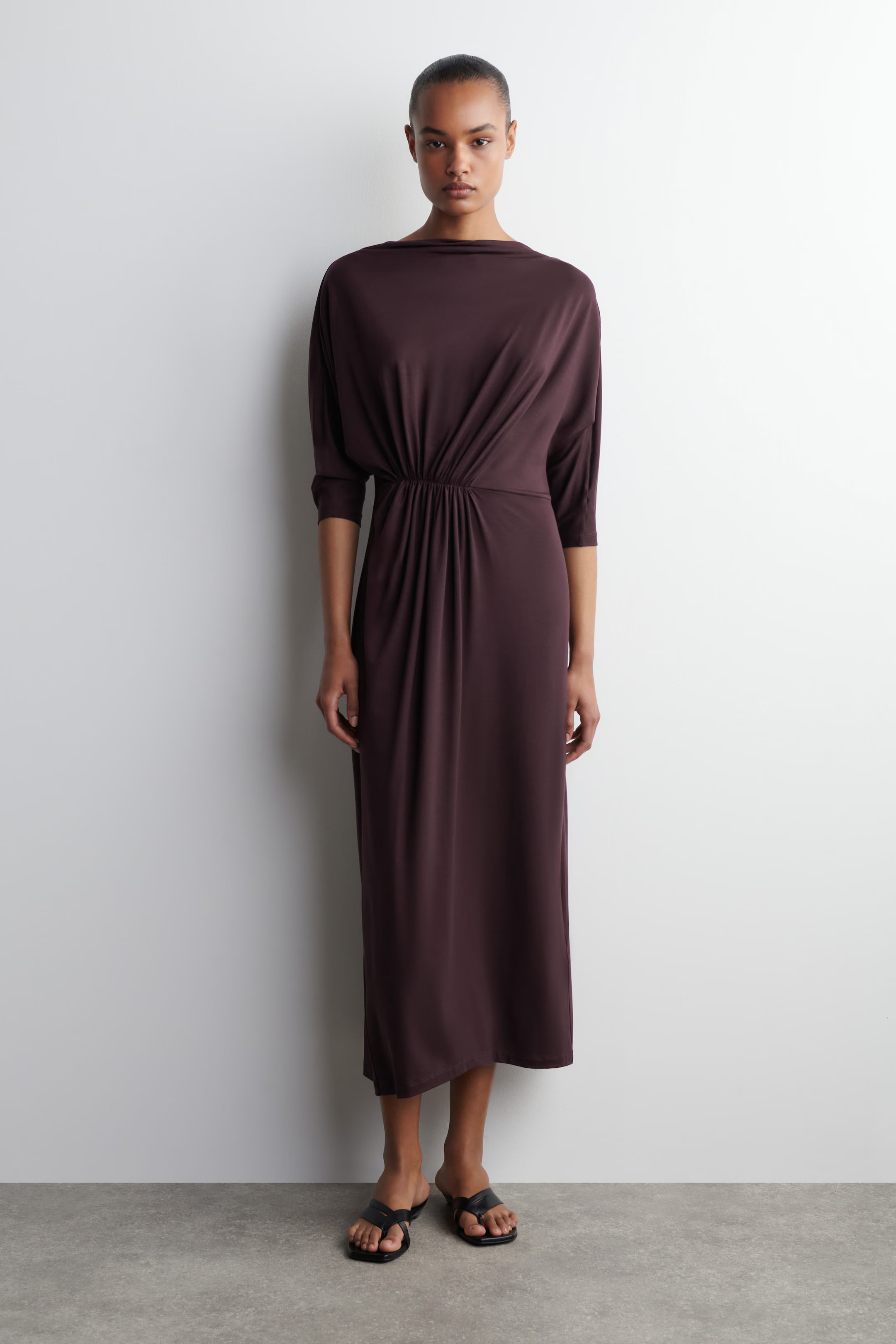 GATHERED-WAIST DRAPED MIDI DRESS - BURGUNDY | COS US | COS (US)