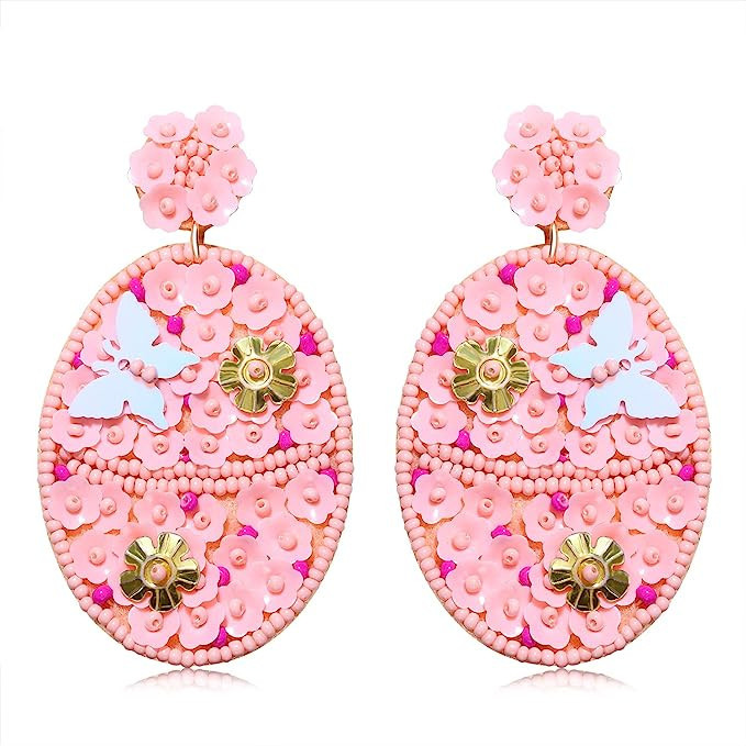 HZEYN Easter Earrings Beaded Sequins Easter Egg Earrings Colorful Sparky Butterfly Floral Beaded ... | Amazon (US)