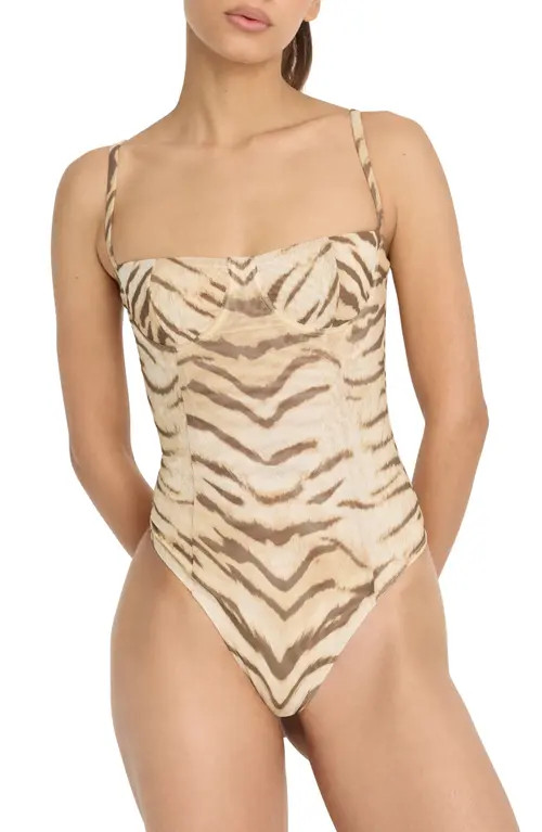 Good American Corset Demi Mesh Bodysuit in Brown Tiger at Nordstrom, Size Medium | Nordstrom