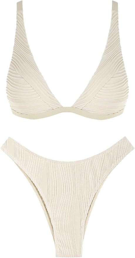 ZAFUL Bikini Sets for Women Triangle Textured Plunging High Cut Cheeky Bikini Swimsuits Two Piece... | Amazon (US)