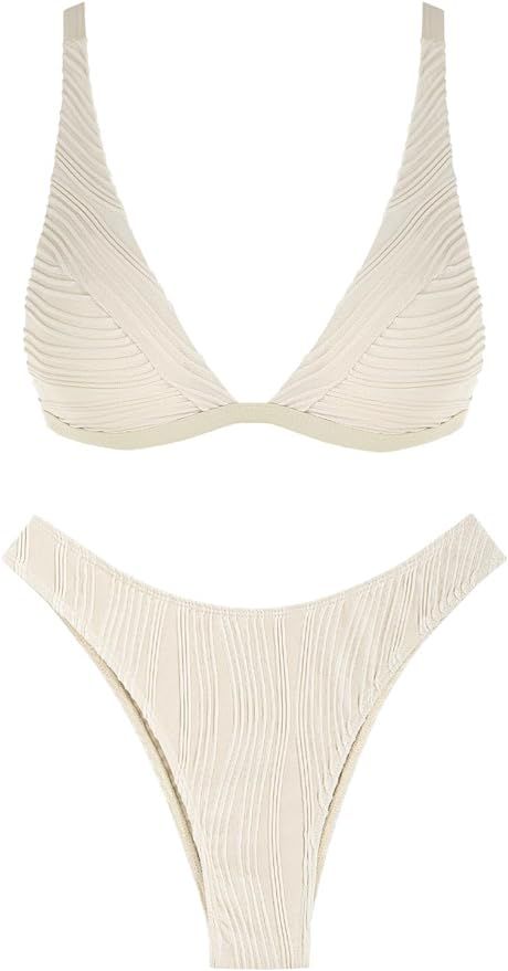 ZAFUL Bikini Sets for Women Triangle Textured Plunging High Cut Cheeky Bikini Swimsuits Two Piece... | Amazon (US)
