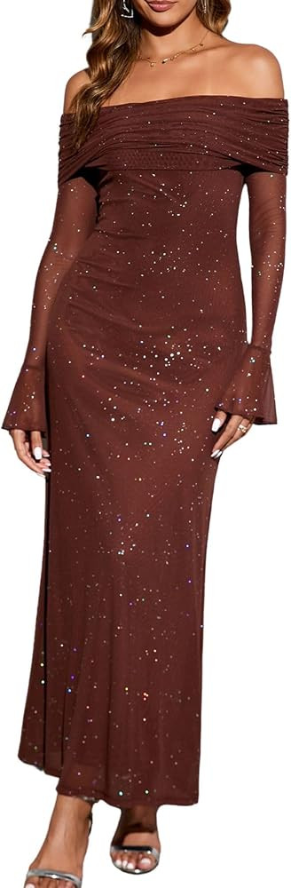 Colysmo Women Long Sleeve Mesh Off Shoulder Bodycon Maxi Dress Formal Wedding Guest Elegant Party... | Amazon (US)