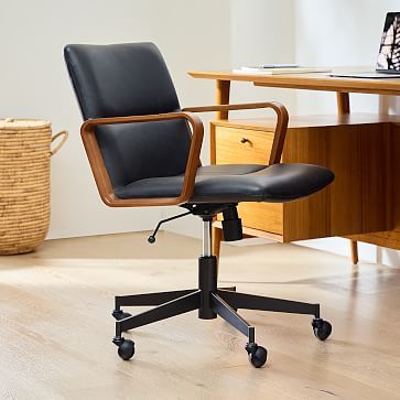 Cooper Leather Swivel Office Chair w/ Wood Arms | West Elm | West Elm (US)