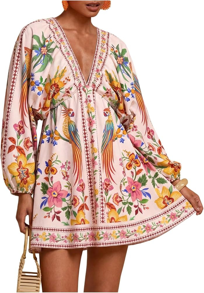 RoseSeek Women's Boho Floral V Neck Mini Dresses Bishop Sleeve Tie Open Back Tropical Dress | Amazon (US)