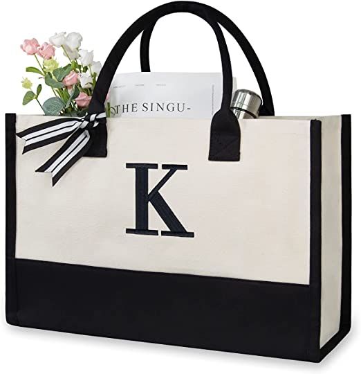 TOPDesign Personalized Initial Canvas Beach Bag, Monogrammed Gift Tote Bag for Women | Amazon (US)