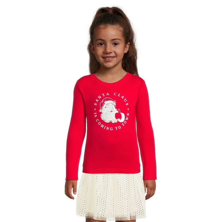 Holiday Time Girls Long Sleeve Santa Tee, Sizes 4-18 | Walmart (US)