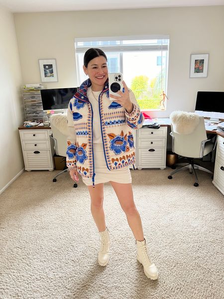 Casual spring outfit: Farm Rio puffer, Abercrombie & Fitch mini dress, Sam Eldelman combat boots. For jewelry, I’m wearing a Loren Stewart pearl choker, and a Monica Vinader chain bracelet with the keshi pearl pendant. I also added Monica Vinader’s goddess coin pendant to the bracelet. #LTKfindsunder100 #LTKjewelry

#LTKstyletip #LTKshoecrush #LTKSeasonal