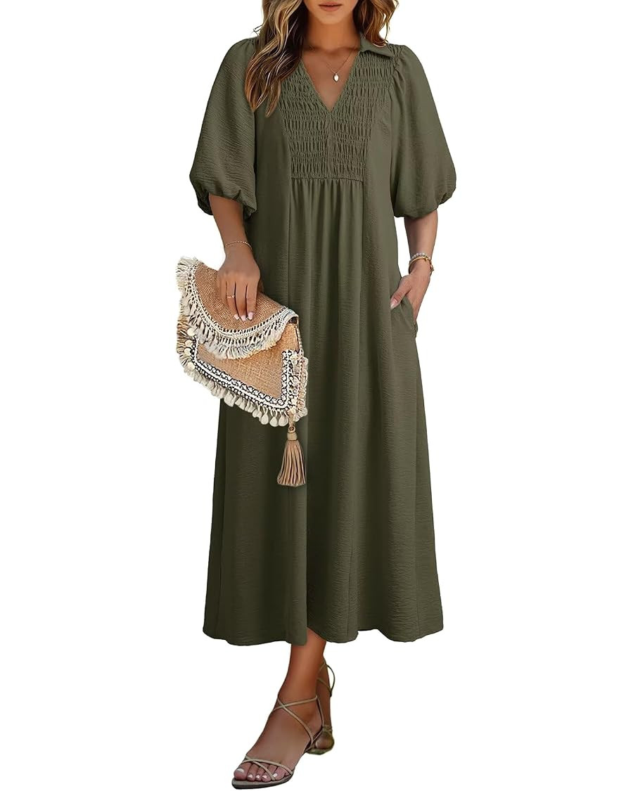 Dokotoo Summer Dresses for Women 2026 Casual Dresses V Neck Puff Sleeve Empire Waist A-Line Maxi ... | Amazon (US)