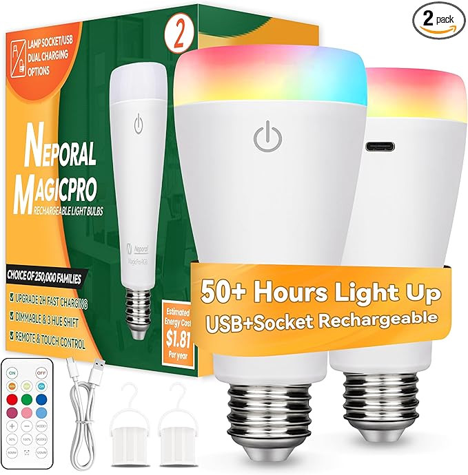 Neporal MAGICPRO Smart Rechargeable Light Bulbs with Remote, USB+Socket Rechargeable Battery Oper... | Amazon (US)