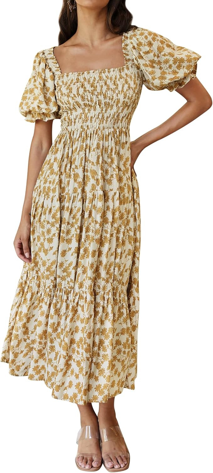 ZESICA Women's 2023 Summer Boho Floral Print Square Neck Ruffle Swing Beach Long Maxi Dress | Amazon (US)