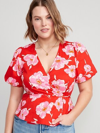 Waist-Defined Floral Puff-Sleeve Tie-Wrap Blouse for Women | Old Navy (US)
