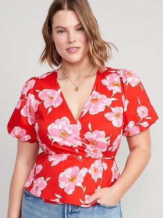 Waist-Defined Floral Puff-Sleeve Tie-Wrap Blouse for Women | Old Navy (US)